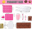 Product size diagram for a lollipop mold kit, showing the pink silicone mold tray, clear acrylic cooling plates, pink measuring cup, pink applicator wand, gold wicks, and a brown lollipop mold insert, with dimensions and labels on a pink background.