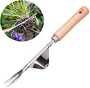 Gardening tool with wooden handle and close-up of plant roots on a white background