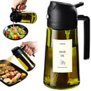 Olive oil bottle with a black cap being used to drizzle on salad and grilled food.