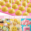 A collage-style product image for a cake pop maker kit. The top half shows a pink silicone mold filled with golden cake pops on white sticks.