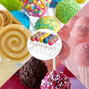 A circular product display showing a clear stand holding colorful lollipop cake pops, surrounded by a collage of decorated candies and cupcakes in pink, blue, green, brown, and yellow.