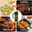 Collage of food images including salad, steak, barbecue, and air fryer with a green bottle in the center.