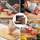 A four-panel collage showing a rolling sharpening tool in use on a wooden cutting board, with before/after comparisons for slicing meat and vegetables. The center panel shows the product: a copper-toned rolling sharpen stone with a black handle and a black branded box labeled ROLLIN SHARPEN.