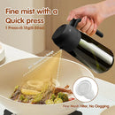 Olive oil sprayer being used over a pan of food with text on fine mist and quick press features.