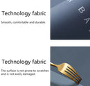 Promotional graphic for a dark gray 'technology fabric' surface, showing text callouts and two close-up panels: one of a dark cylindrical object with partial white lettering, and one of a gold fork resting on the smooth surface.