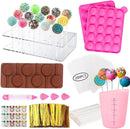 A 200-piece cake pop and lollipop making kit shown on a white background, including a clear acrylic lollipop stand, pink silicone mold trays, brown lollipop molds, pink piping tips, gold foil strips, plastic forks, candy print stickers, and a pink measuring cup with cake pops displayed inside.