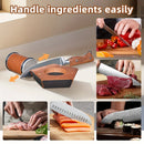 A collage showing a kitchen knife block and knives in use. The main panel shows a copper-toned hexagonal knife block with a cylindrical holder, with orange arrows indicating rotation.